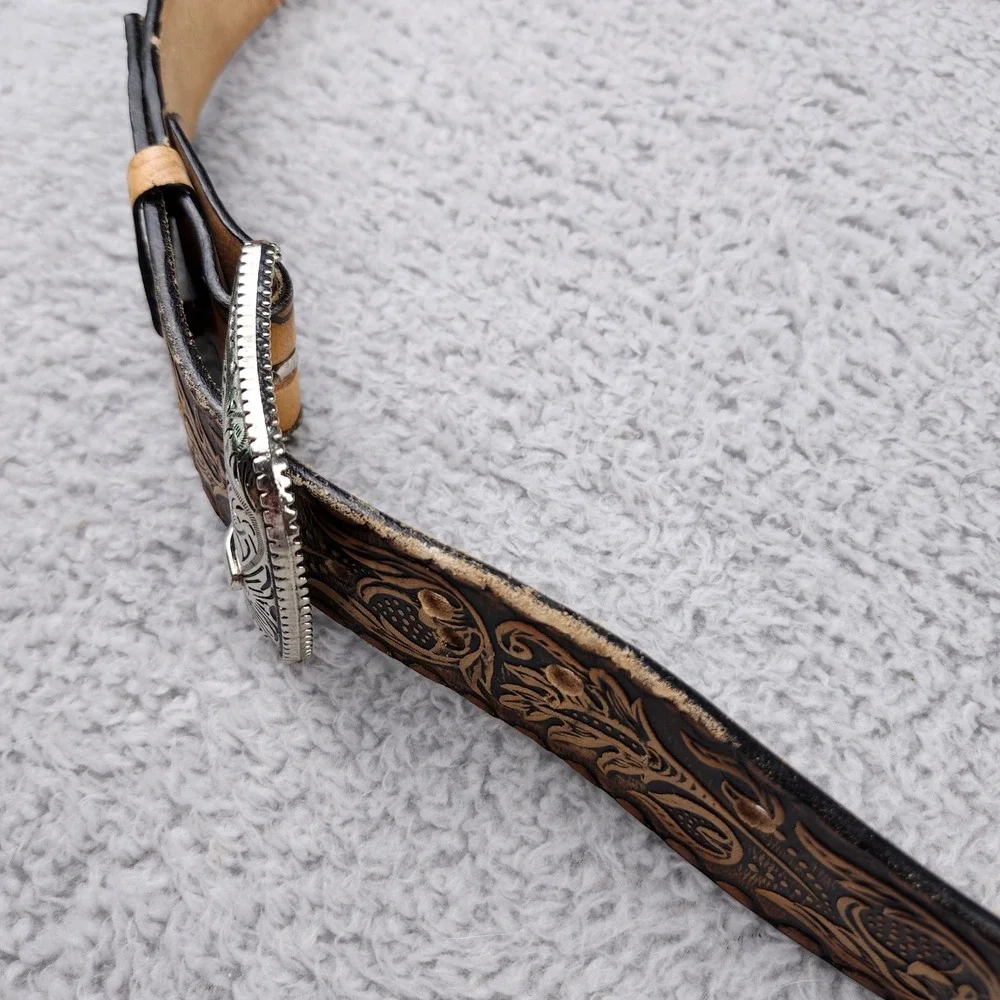 Vintage Brown Tooled Leather Western Belt Made in Mexico Size 42 Silver Buckle